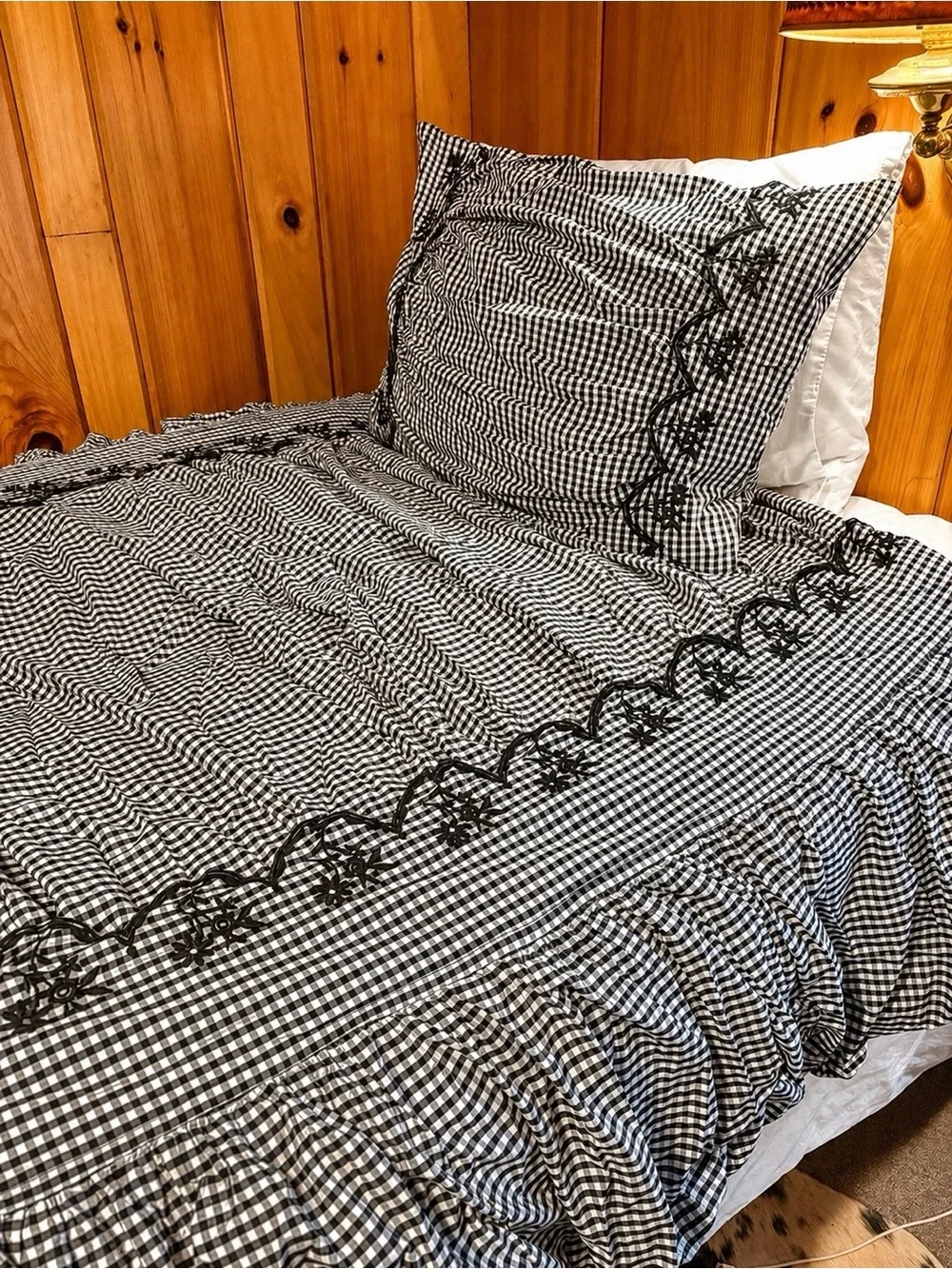 Pottery Barn Teen Black White Gingham Embroidered Ruffle Duvet + Sham